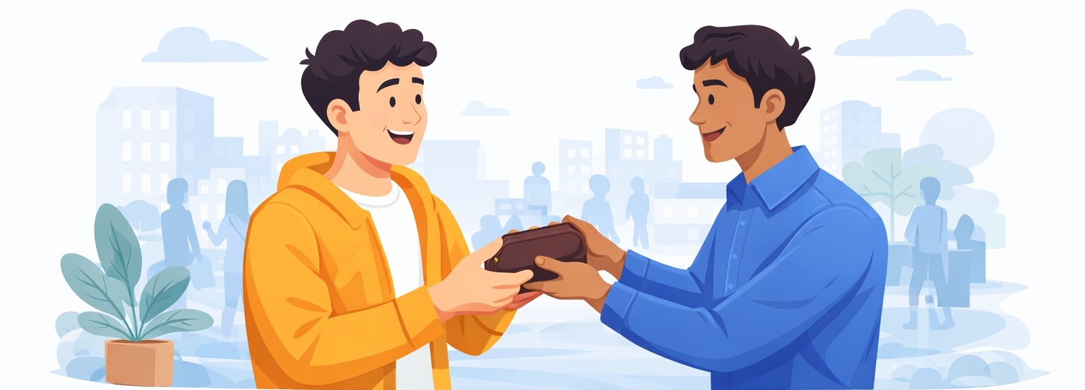 Two people exchanging a found wallet